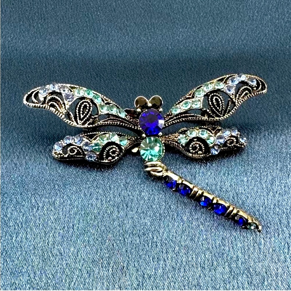 Turquoise / Blue Dragonfly Rhinestone Brooch - Picture 8 of 8
